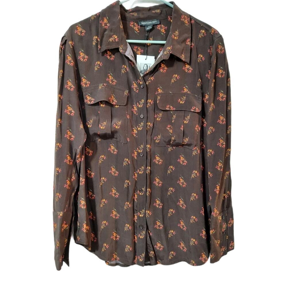 NWT Something Navy Brown Ganache Bohemian Button Down Size M - Picture 2 of 6